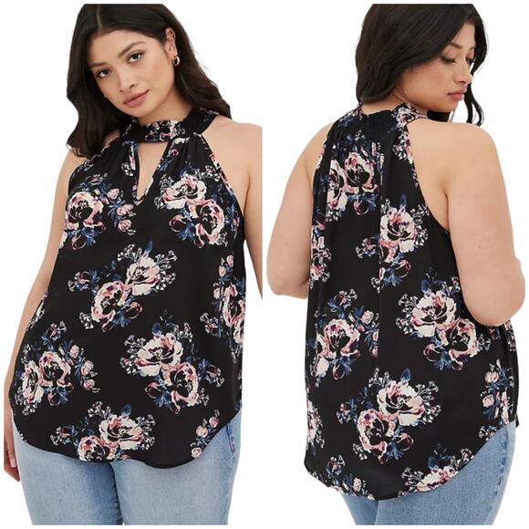Torrid NWT Keyhole Halter - Georgette Floral Black Size 1X High Neck Sleeveless - Picture 1 of 9